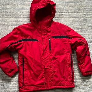 L.L. Bean Red and Black Puffer Jacket with Hood and Weather-Resistant Material